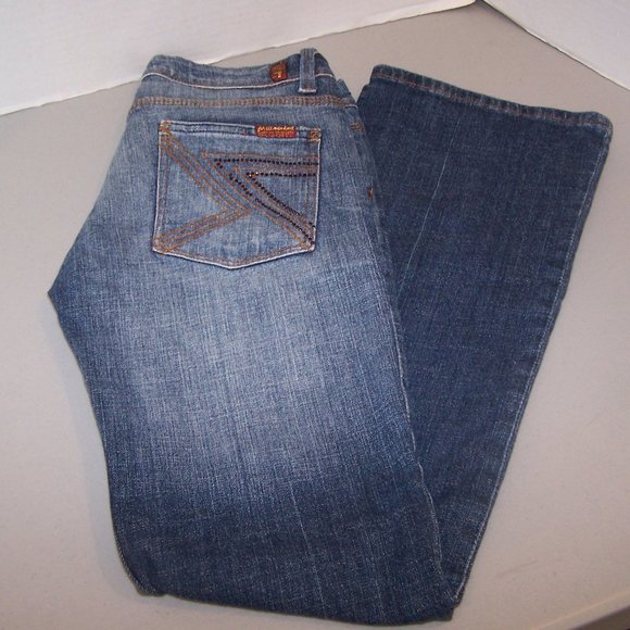 WOMEN'S ( 7 ) FOR ALL MANKIND BOOT CUT BLUE JEANS - Picture 1 of 10